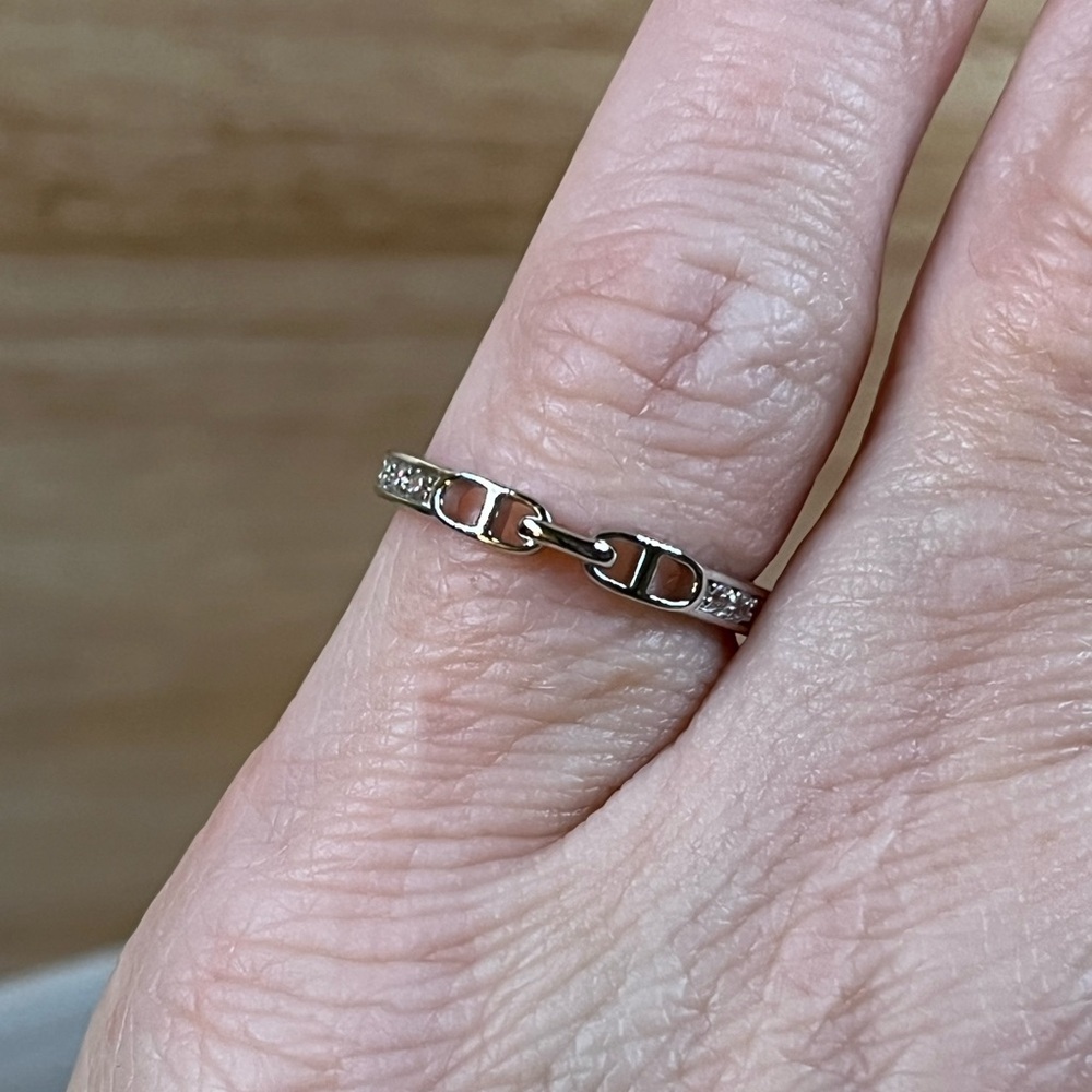 Rhodium Plated Solid 925 Sterling Silver Chain Link Cubic Zirconia Ring Size 5.5 - Picture 2 of 7